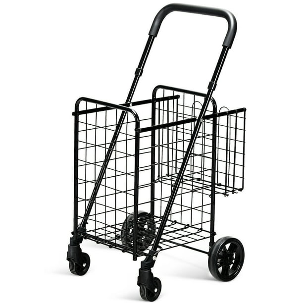Swivel Double Front Wheels Best Choice Products 24.5x21.5in Portable Folding Multipurpose Steel Storage Utility Cart Dolly for Shopping Groceries Black Laundry w/Bonus Basket